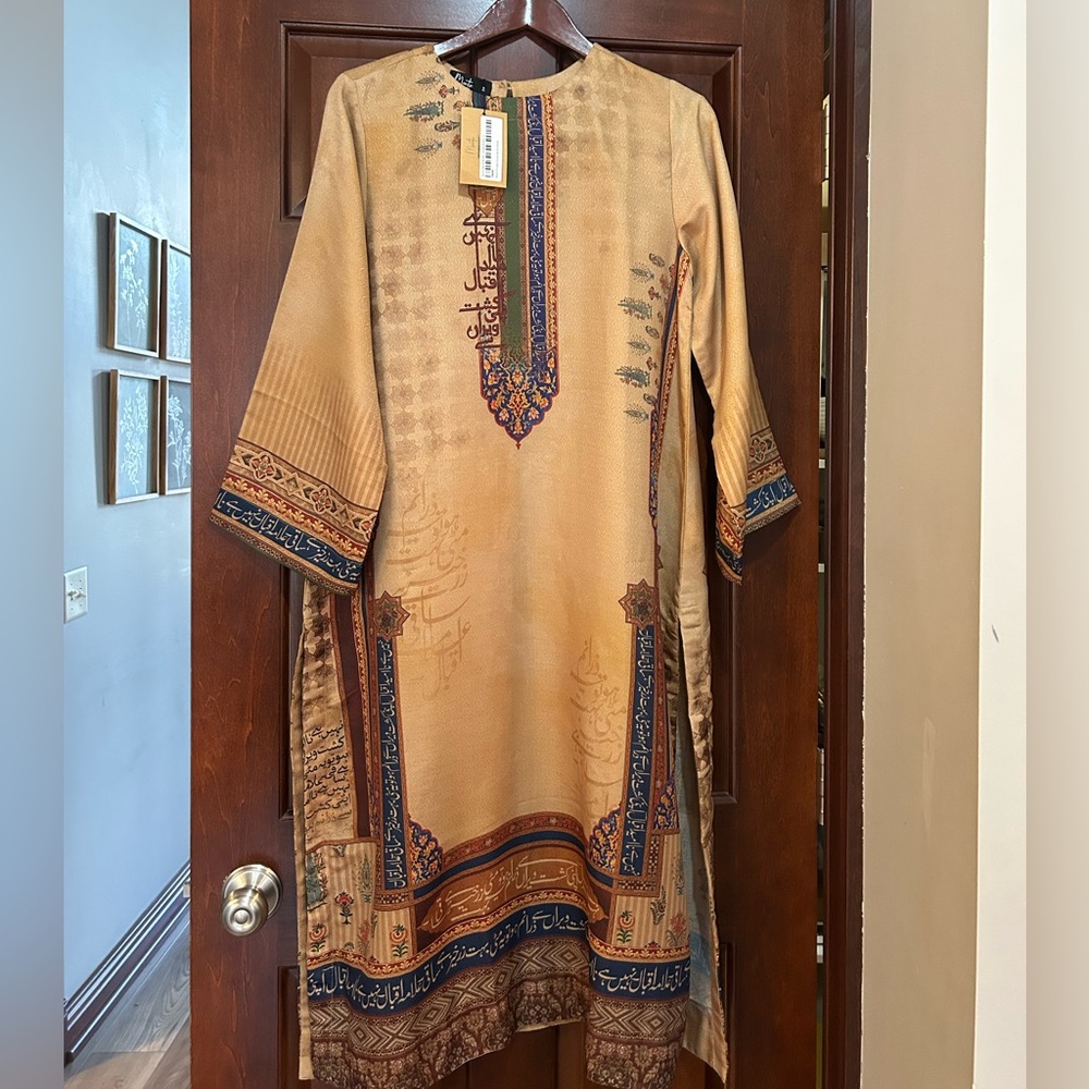 NWT Montivo Jacquard Long Kurti Dress S Tan Blue Ethnic Modest 45”